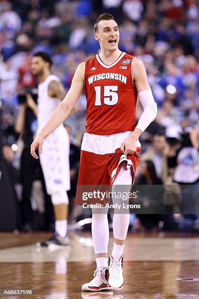 Sam Dekker of the Wisconsin Badgers reacts late in the game against the Kentucky Wildcats during the NCAA Men's Final Four Semifinal at Lucas Oil...