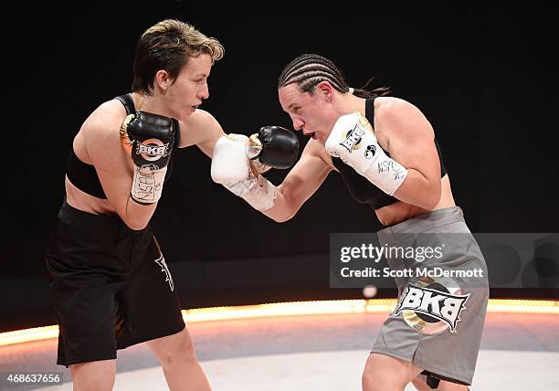 Layla McCarter fights Diana Prazak during BKB 2, Big Knockout Boxing, at the Mandalay Bay Events Center on April 4, 2015 in Las Vegas, Nevada.