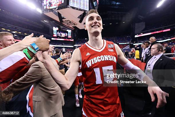 Sam Dekker of the Wisconsin Badgers celebrates after defeating the Kentucky Wildcats during the NCAA Men's Final Four Semifinal at Lucas Oil Stadium...
