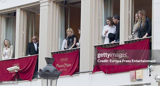 Alexander Bauer , Antonio Banderas and Nicole Kimpel attend Holy procession during Holy Week celebration on March 31, 2015 in Malaga, Spain.