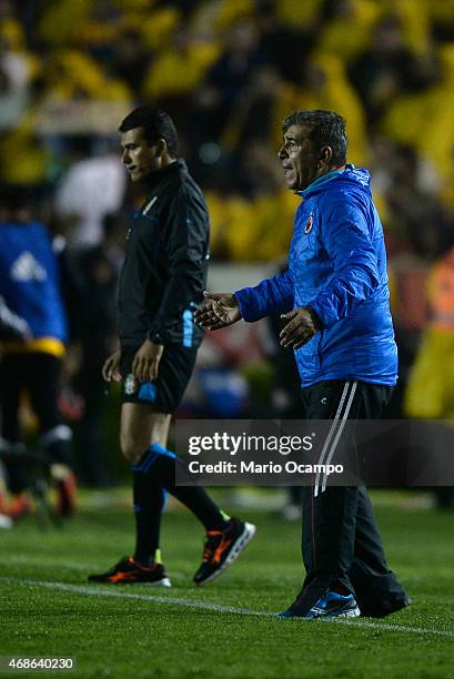 Carlos Reinoso coach of Veracruz gives instructions during a match between Tigres UANL and Veracruz as part of 12th round Clausura 2015 Liga MX at...
