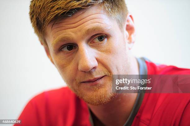 Wales player Andrew Coombs faces the press during the Wales press conference at the Vale Hotel on February 11, 2014 in Cardiff, Wales.