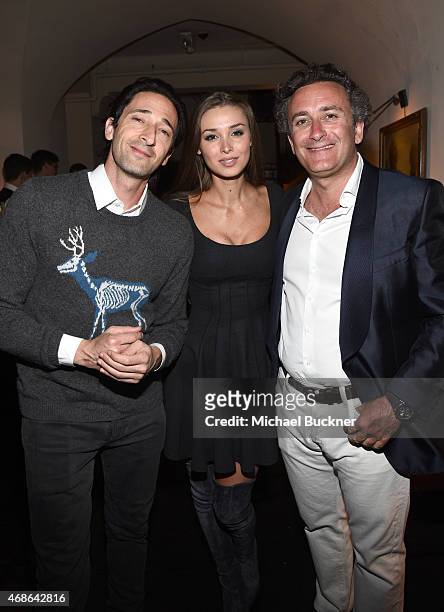 Actor Adrien Brody, model Lara Leito and Formula E CEO Alejandro Agag attend the Variety and Formula E Hollywood Gala at Chateau Marmont on April 4,...