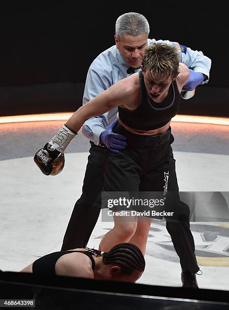 Layla McCarter fights Diana Prazak during BKB 2, Big Knockout Boxing, at the Mandalay Bay Events Center on April 4, 2015 in Las Vegas, Nevada.