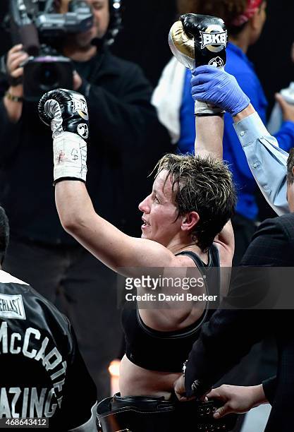 Layla McCarter celebrates her win over Diana Prazak during BKB 2, Big Knockout Boxing, at the Mandalay Bay Events Center on April 4, 2015 in Las...