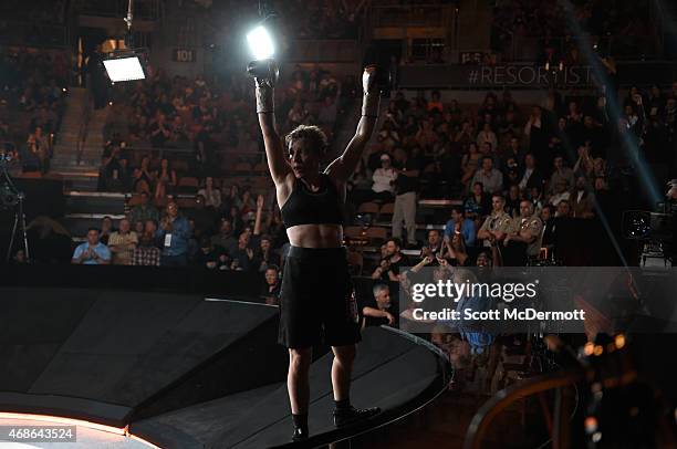 Layla McCarter celebrates her win over Diana Prazak during BKB 2, Big Knockout Boxing, at the Mandalay Bay Events Center on April 4, 2015 in Las...