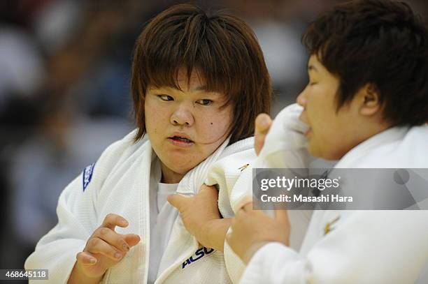 Megumi Tachimoto in action during the day two of the All Japan Judo Championships by Weight Category 2015 at Fukuoka Kokusai Center on April 5, 2015...