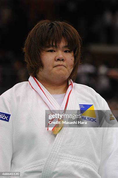 Megumi Tachimoto,winner of over78kg woman championship looks on during the day two of the All Japan Judo Championships by Weight Category 2015 at...