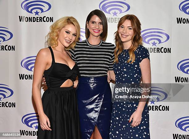 Renee Olstead, Shelley Hennig and Courtney Halverson attend 'Unfriended' Cast and Filmmakers press line at Anaheim Convention Center on April 4, 2015...