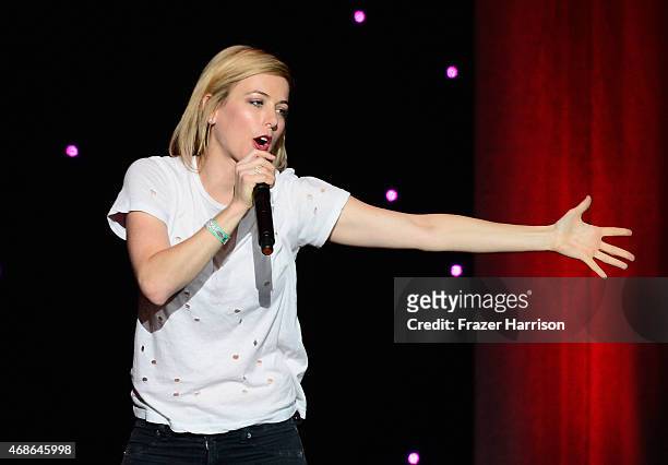 Comeidan Iliza Shlesinger performs at KROQ Presents Kevin & Bean's April Foolishness at The Shrine Auditorium on April 4, 2015 in Los Angeles,...