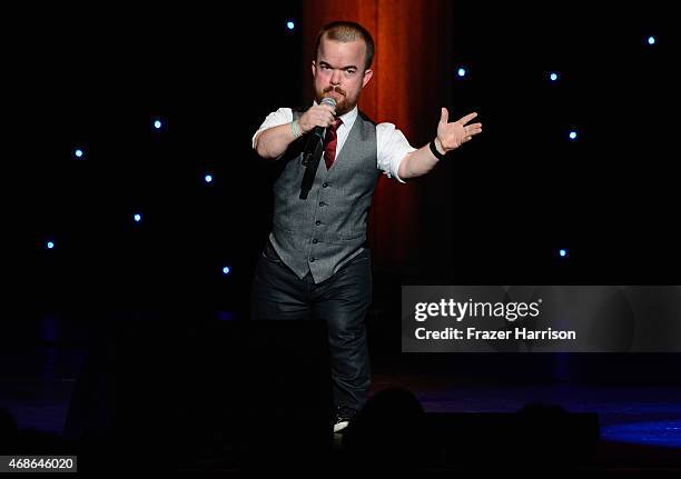 Comedian Brad Williams performs at KROQ Presents Kevin & Bean's April Foolishness at The Shrine Auditorium on April 4, 2015 in Los Angeles,...