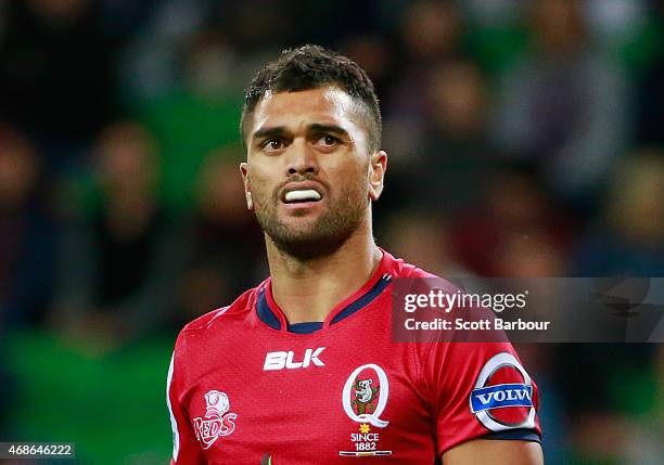 Karmichael Hunt of the Reds looks on during the round eight Super Rugby match between the Rebels and the Reds at AAMI Park on April 3, 2015 in...