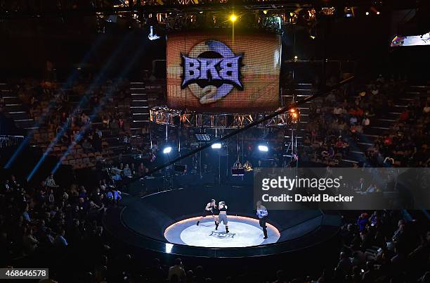 Layla McCarter fights Diana Prazak in The Pit during BKB 2, Big Knockout Boxing, at the Mandalay Bay Events Center on April 4, 2015 in Las Vegas,...