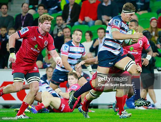 Luke Jones of the Rebels runs with the ball during the round eight Super Rugby match between the Rebels and the Reds at AAMI Park on April 3, 2015 in...