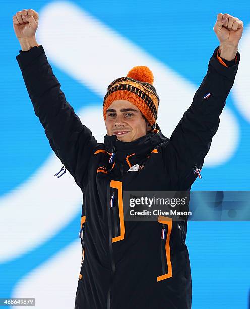 Silver medalist Jan Smeekens of the Netherlands celebrates during the medal ceremony for the Men's 500m Speed Skating on day 4 of the Sochi 2014...