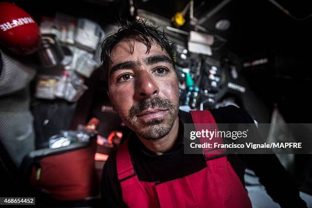 In this handout image provided by the Volvo Ocean Race, Leg 5 to Itajai onboard MAPFRE. Day 17. A pretty bit up face. Andre Fonseca, aka Bochecha,...