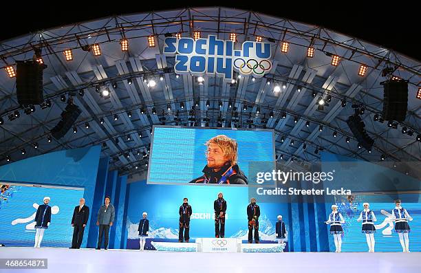 Silver medalist Jan Smeekens of the Netherlands, gold medalist Michel Mulder of the Netherlands and bronze medalist Ronald Mulder of the Netherlands...