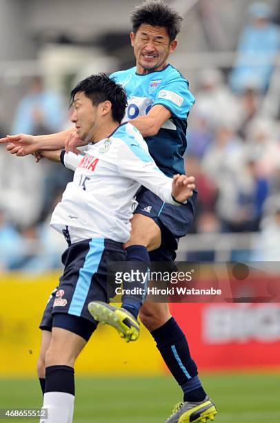 Kazuyoshi Miura of Yokohama FC scores his team's first goal during the J.League second division match between Yokohama FC and Jubilo Iwata at...