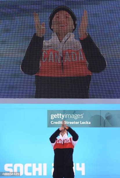 Gold medalist Alex Bilodeau of Canada celebrates during the medal ceremony for the Freestyle Skiing Men's Moguls on day 4 of the Sochi 2014 Winter...