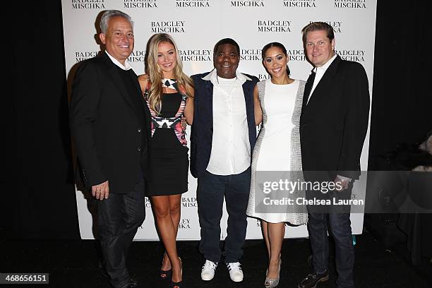 Mark Badgley, Katrina Bowden, Tracy Morgan, Megan Wollover and James Mischka pose backstage at the Badgley Mischka fashion show during Mercedes-Benz...