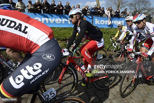 Italian Luca Paolini of Team Katusha pictured in action on Oude Kwaremont during the 99th Tour of Flanders' one day cycling race, from Brugge to...