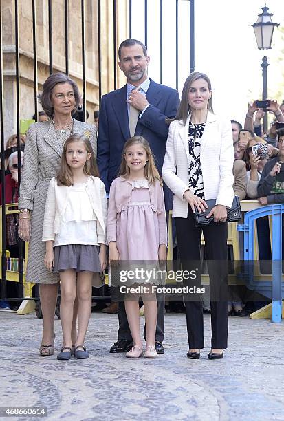 Queen Sofia, King Felipe VI of Spain, Queen Letizia of Spain, Princess Leonor of Spain and Princess Sofia of Spain attend the Easter Mass at the...