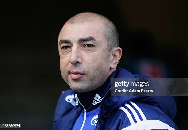 Roberto Di Matteo Head Coach of FC Schalke before the Bundesliga match between FC Augsburg and FC Schalke 04 at SGL Arena on April 5, 2015 in...