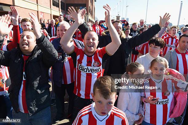 Sunderland fans prior to the Barclays Premier League match between Sunderland and Newcastle United at Stadium of Light on April 5, 2015 in...