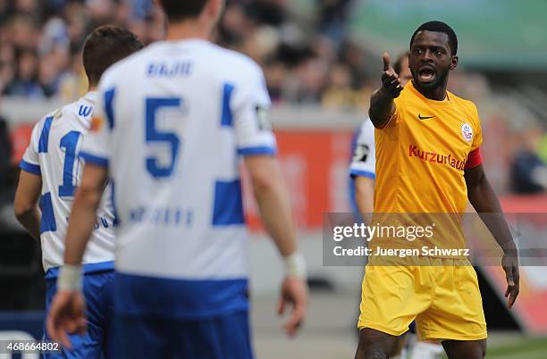 Teamcaptain Denis Weidlich of Rostock gestures during the 3rd Bundesliga match between MSV Duisburg and Hansa Rostock at Schauinsland-Reisen-Arena on...