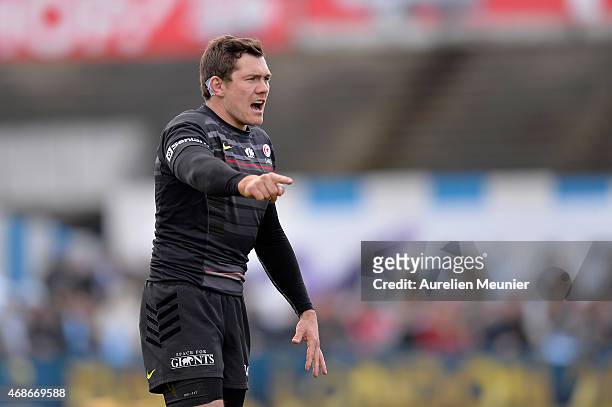 Alex Goode of Saracens reacts during the European Rugby Champions Cup quarter final match between Racing Metro 92 and Saracens at Stade Yves Du...