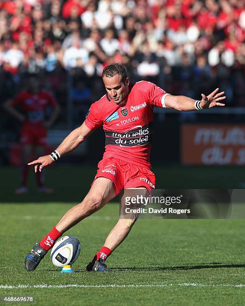 Frederic Michalak of Toulon kicks a penalty during the European Rugby Champions Cup quarter final match between RC Toulon and Wasps at the Felix...