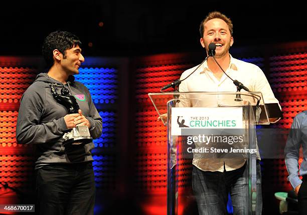 Arash Ferdowski and Drew Houston of Dropbox win the Founder of the Year award at the 7th Annual Crunchies Awards at Davies Symphony Hall on February...