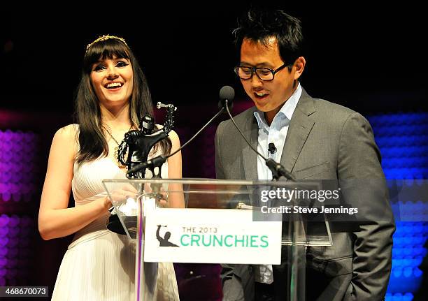 Jolie O'Dell of VentureBeat and David Lee of SV Angel present the Best New Startup of 2013 award at the 7th Annual Crunchies Awards at Davies...