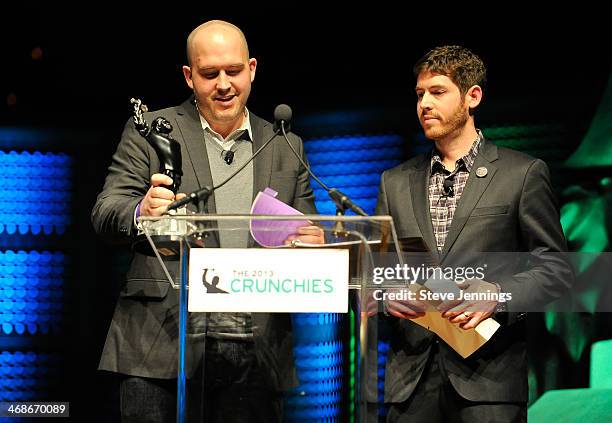 Derrick Harris of Gigaom and Tom Preston-Werner of Github present the VC of the Year award at the 7th Annual Crunchies Awards at Davies Symphony Hall...