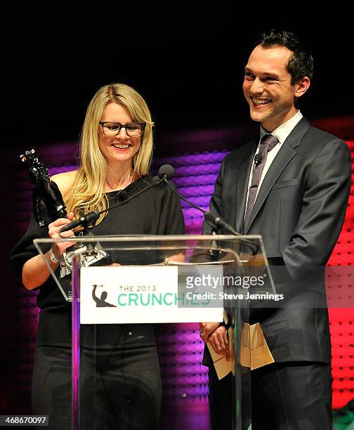 Katie Fehrenbacher of Gigaom and Nate Blecharczyk of Airbnb present the award for Biggest Social Impacy at the 7th Annual Crunchies Awards at Davies...