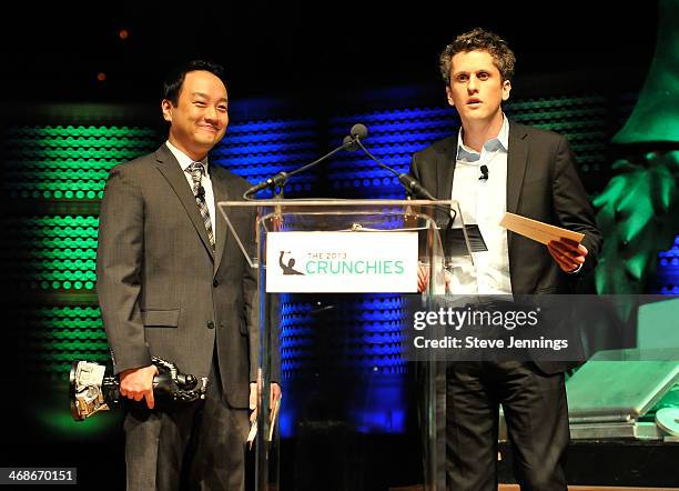 Dan Hsu of VentureBeat and Aaron Levie of Box present the award for Can't Stop, Won't Stop at the 7th Annual Crunchies Awards at Davies Symphony Hall...