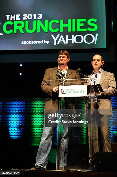 Tom Krazit of Gigaom and Keith Rabois of Khosla Ventures present the Best Technology Achievement award to Bitcoin at the 7th Annual Crunchies Awards...