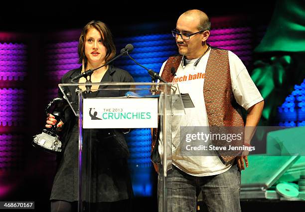 Rebecca Grant of VentureBeat and Dave McClure of 500 Startups present the award for Best Bootstrapped Startup at the 7th Annual Crunchies Awards at...