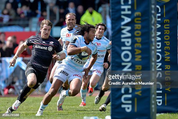 Teddy Thomas of Racing Metro 92 breaks with the ball chased by Chris Wyles of Saracens during the European Rugby Champions Cup quarter final match...