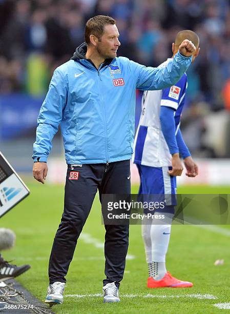 Coach Pal Dardai of Hertha BSC celebrates after scoring the 2:0 during the game between Hertha BSC and SC Paderborn 07 on april 5, 2015 in Berlin,...