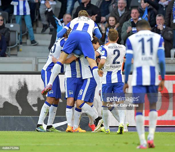 Hertha Team celebrates after scoring the 2:0 during the game between Hertha BSC and SC Paderborn 07 on april 5, 2015 in Berlin, Germany.