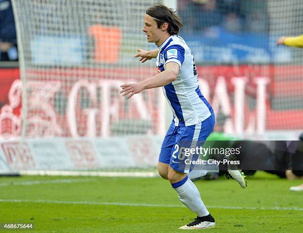 Nico Schulz of Hertha BSC celebrates after scoring the 2:0 during the game between Hertha BSC and SC Paderborn 07 on april 5, 2015 in Berlin, Germany.