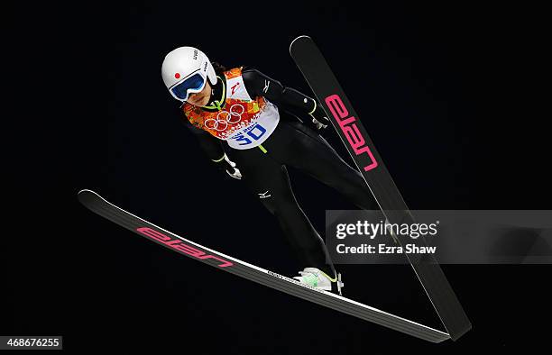 Sara Takanashi of Japan jumps during the Ladies' Normal Hill Individual first round on day 4 of the Sochi 2014 Winter Olympics at the RusSki Gorki...