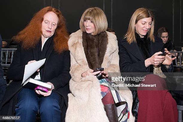Grace Coddington, Anna Wintour and Victoria Smith attend the Vera Wang Collection Show during Mercedes-Benz Fashion Week Fall 2014 at Dia Center on...
