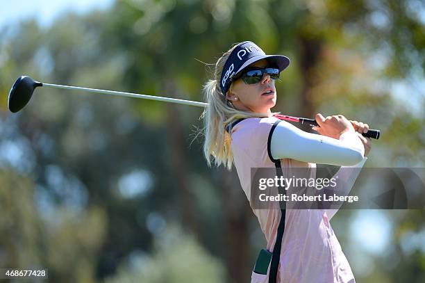 Pernilla Lindberg of Sweden makes a tee shot on the third hole during the final round of the ANA Inspiration on the Dinah Shore Tournament Course at...