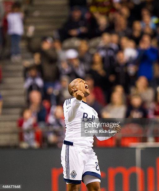 Robert Earnshaw of the Vancouver Whitecaps FC celebrates after defeating the Portland Timbers in MLS action on March 28, 2015 at BC Place Stadium in...