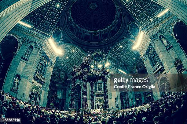General view of St. Peter's Basilica as Pope Francis attends the Easter vigil mass on April 4, 2015 in Vatican City, Vatican.