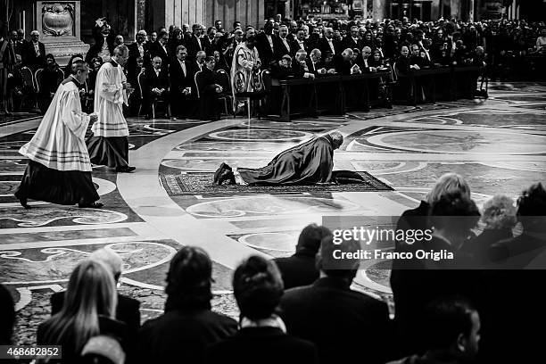 Pope Francis attends the Celebration of the Lord's Passion at St. Peter's Basilica on April 3, 2015 in Vatican City, Vatican. On Good Friday Pope...