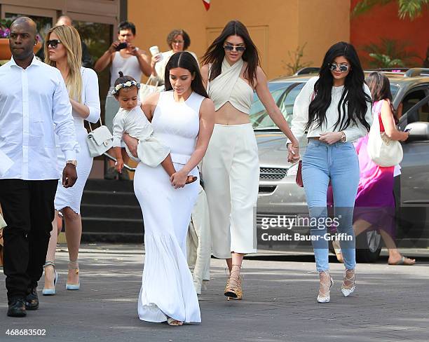 Kim Kardashian, Kanye West, Kris Jenner, Kendall Jenner, Kylie Jenner, Kourtney Kardashian, Khloe Kardashian, Tyga and Corey Gamble are seen at...