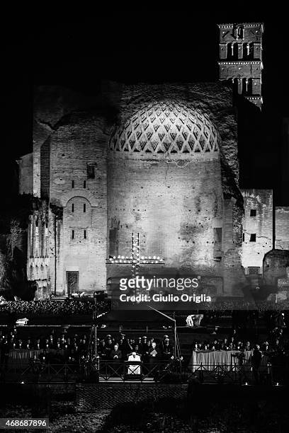 Pope Francis leads the Way of The Cross at the Colosseum on April 3, 2015 in Rome, Italy. The Way of the Cross is a centuries-old and much beloved...
